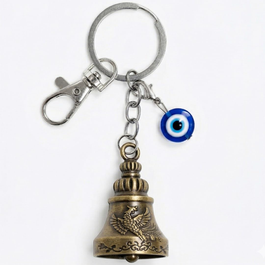 OTTAVO Premium Guardian Bell Keychain for Bike & Car | Tibetan Texture Bell Keychain with Evil Eye & Silver Hook | Good Luck Charm with Laser-Engraved Wooden Gift Box (Antique Brass)