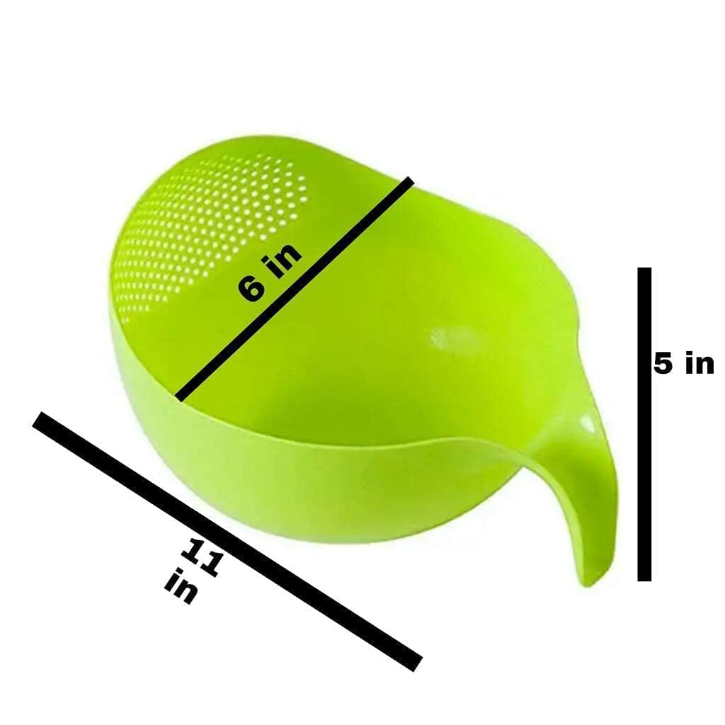 RICH MORE Plastic Rice Washing Bowl with Strainer, Green, 11x6x5 inch, Kitchen Colander with Handle