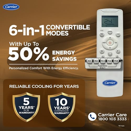 Carrier 1.5 Ton 3 Star,New Star rated, Wi-Fi Smart Flexicool Inverter Split AC (Copper, Convertible 6-in-1 with Wi-Fi with Geo-Fencing, Smart Energy Display, ESTER EDGE Gxi WiFi-CAI18EE3R36W0, White)