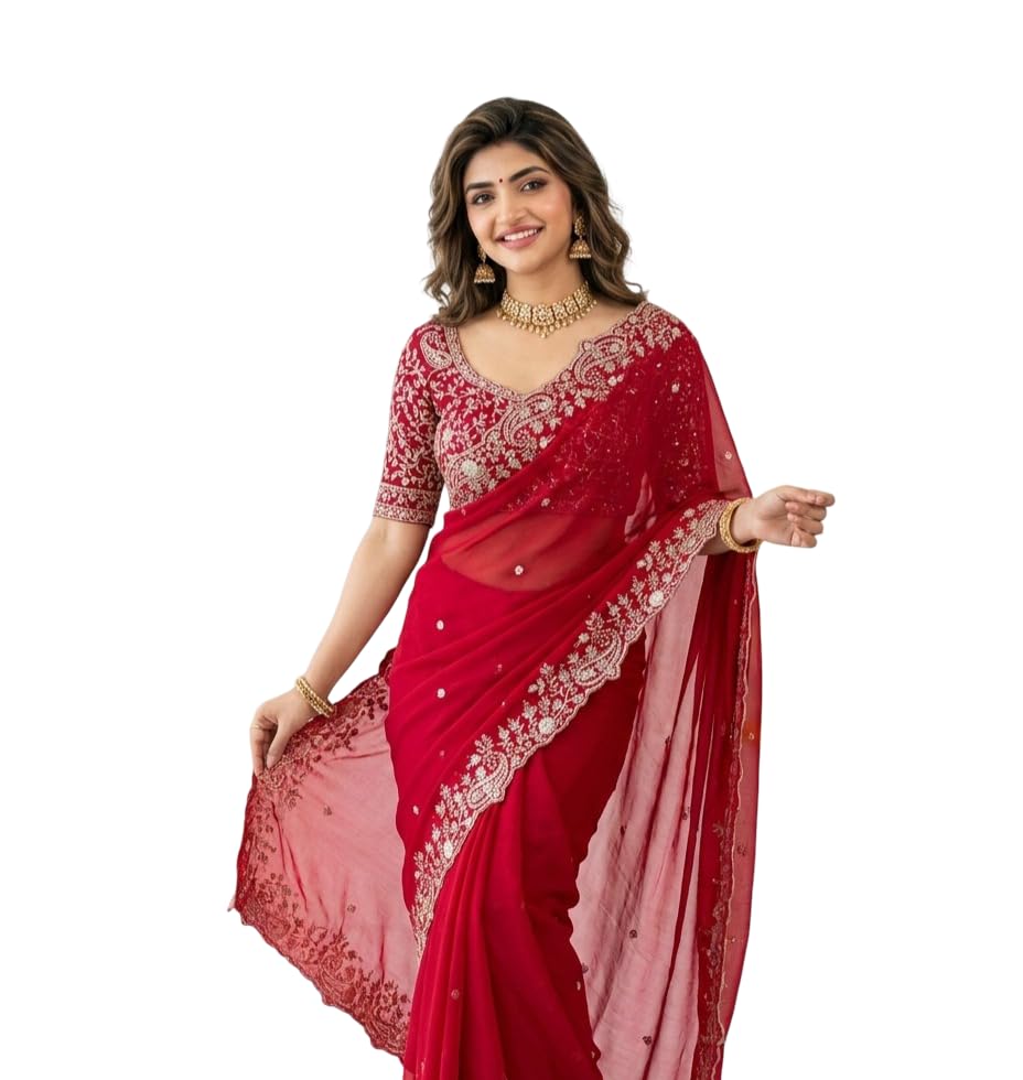 izkio Star Georgette Embroidered Saree, with Contrast Embroidered Blouse Piece, 5.5 m, Wedding Women Wear (Red)