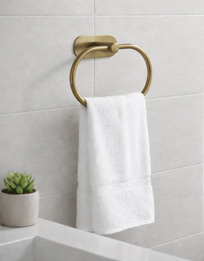 Oslen Magic Sticker Towel Ring Holder for Bathroom – Self Adhesive Wall Mount Hand Towel Hanger Without Drilling, Brushed Antique Brass Gold Finish, Rustproof Stainless Steel (Pack of 1)