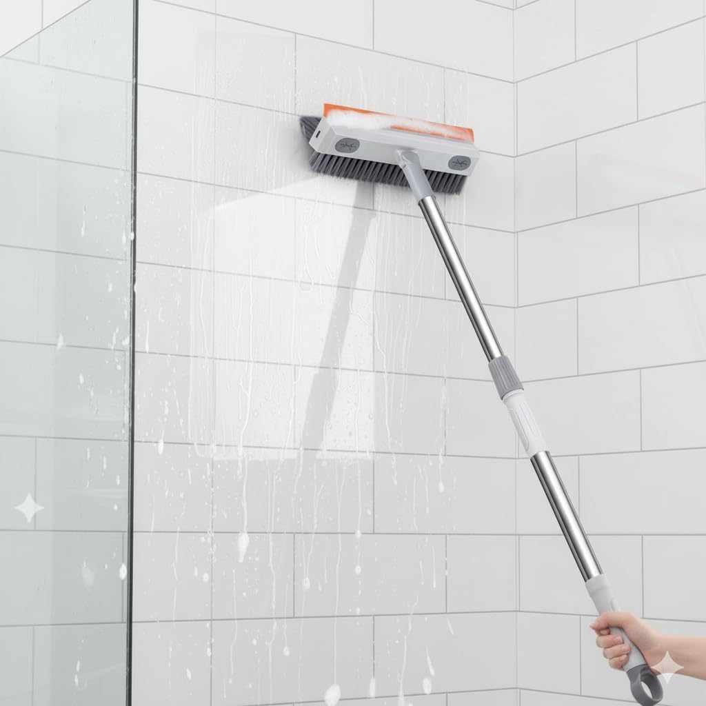 2-in-1 Bathroom Cleaning Brush with Wiper - Long Handle 180° Rotate Toilet Brush, Tiles Cleaning, Floor Scrub for Kitchen and Bathroom Accessories (Orange 3 in 1)