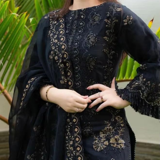 ROYALICA Women's Black Embroidered Pakistani Suit Set, 3-Piece Salwar Kameez with Dupatta,Georgette Straight (IN, Alpha, 2XL, Regular, Standard, black)
