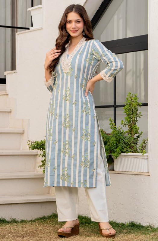 rytras Women's Pure Cotton Printed Straight Kurta Set with Palazzo Pants|Ethnic wear|Kurti Suit Set for Women(RYT734,M) Blue