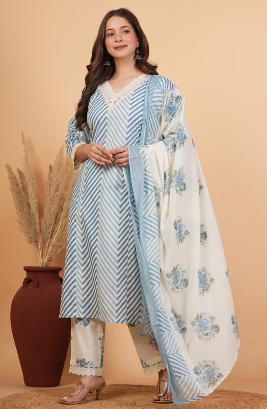 rytras Women's Pure Cotton Printed Straight Kurta Set with Palazzo Pants & Dupatta|Ethnic wear|Kurti Suit Set for Women(TCK724,Blue,XL)