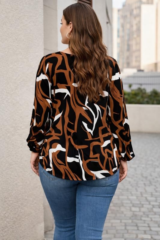 NG NIROMIKA Viscose Rayon Abstract Pattern Top for Women | A Line Tops | Summer Kurta | V-Neck Top | Short Kurti for Women| Full Sleeves |NG-025 Bl.Brown-3XL