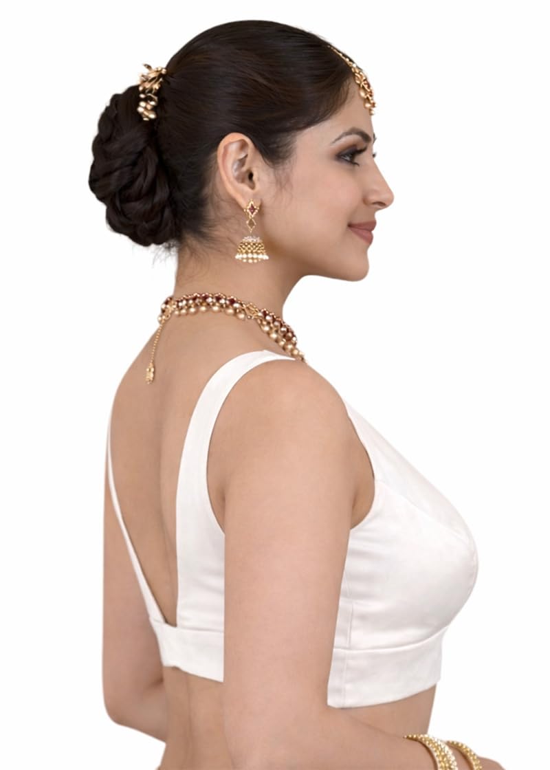 Women's Raw Silk Sleeveless V Neck Readymade Saree Blouse Padded with Cotton Lining Ready to Wear Ethnic Blouse (White, 32)