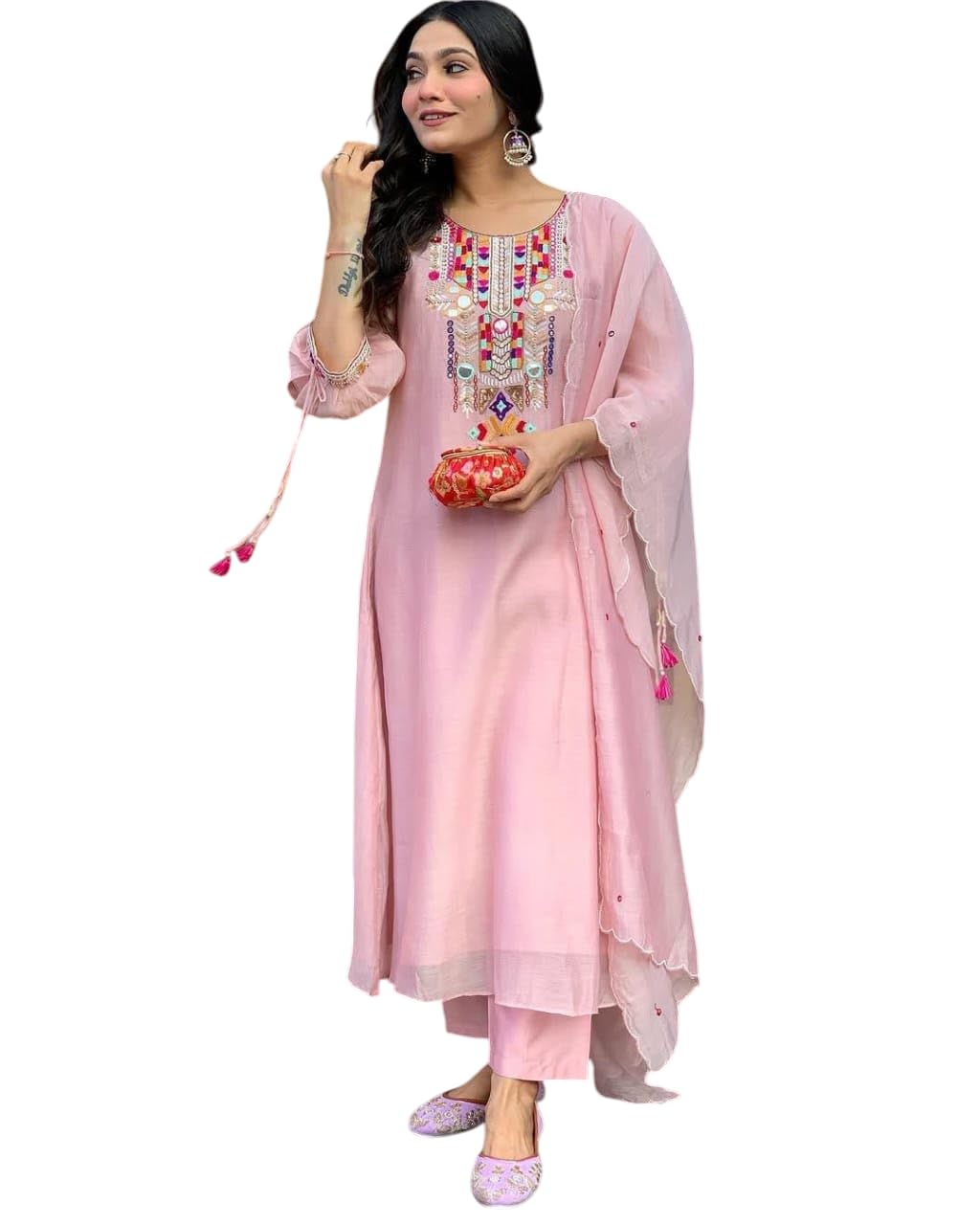 Chhaya Creatives Women's Cotton Mirror Work Embroidered Straight Kurti With Pant and Dupatta Set (Baby Pink-M)