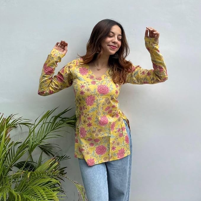Women's Rayon Floral Printed Short Kurti V Neck Full Sleeves (in, Alpha, XS, Yellow)