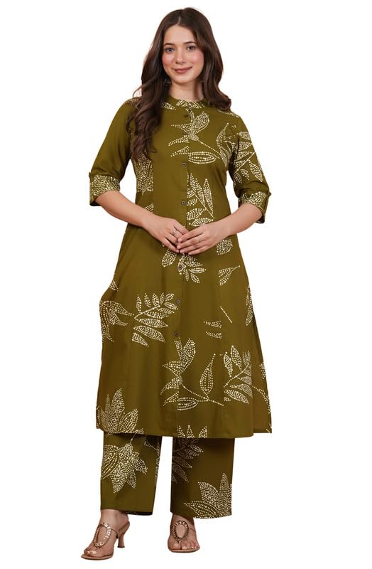 rytras Women's Pure Cotton Printed A-Line Kurta Set with Palazzo Pants|Ethnic wear|Kurta Set for Women(Green,RYT709,XXL)