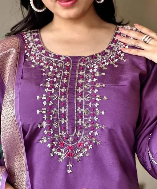 Bovkari Women's Slub Rayon Embroidery Kurta Pant with Floral Print Dupatta (SU P Wine-XL)