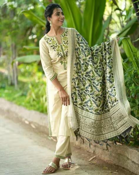 Fabyuti Women's Cotton Handloom Embroidered Kurta with Pant & Dupatta Set-GREEN_2XL