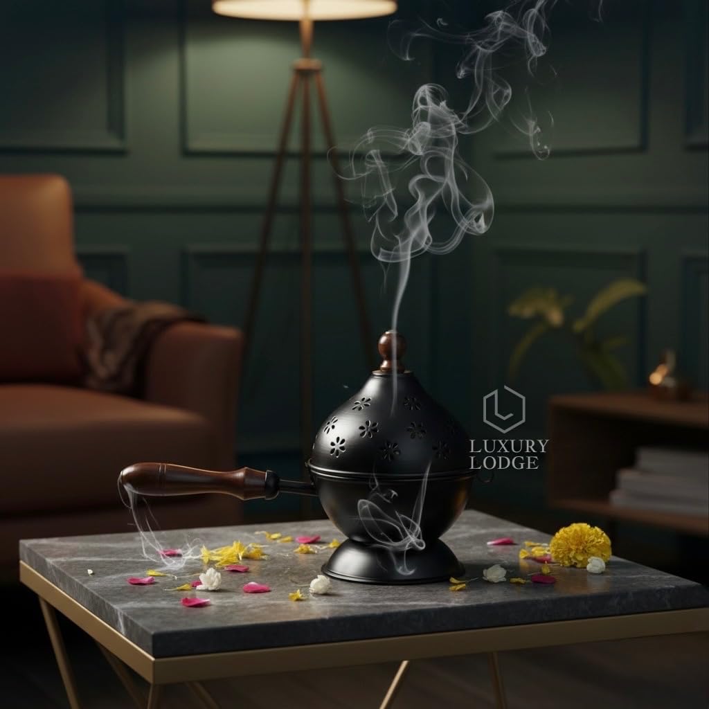 𝐋𝐔𝐗𝐔𝐑𝐘 𝐋𝐎𝐃𝐆𝐄™ Metal Dhoop Dani | Incense Burner for Puja | Loban Dani | Bakhoor Burner | Dhoop Holder Stand | Globe Design with Wooden Handle | Pooja Room Decor | Home Fragrance | Gift