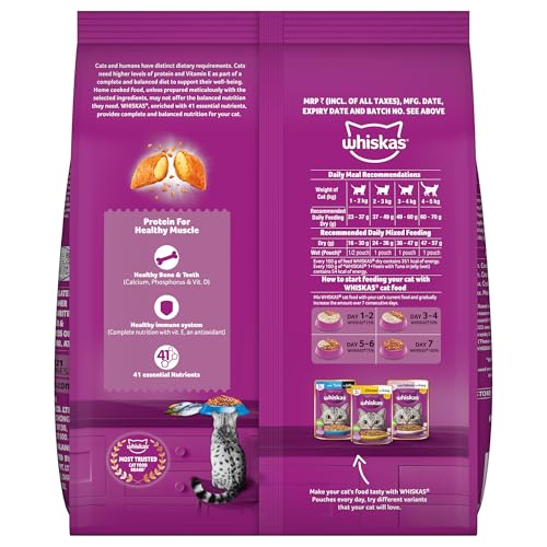 Whiskas Adult (1+ Years) Dry Cat Food, Ocean Fish Flavour, 3 kg, Contains 41 Essential Nutrients, Complete & Balanced Nutrition for Adult Cats
