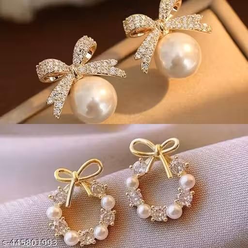 Korean Stud Earrings Combo Pack, Pearl and Bow Design, Gold Tone, 2 Pairs for Women and Girls