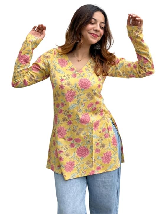 Women's Rayon Floral Printed Short Kurti V Neck Full Sleeves (in, Alpha, XS, Yellow)