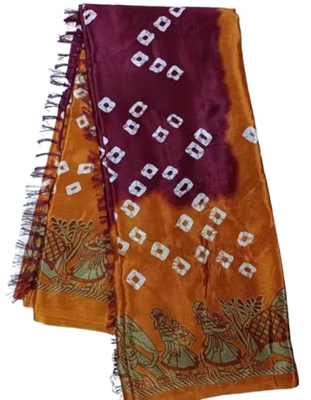 Bandhej Georgette Printed Saree, Maroon and Orange with White Diamond Pattern (Yellow)