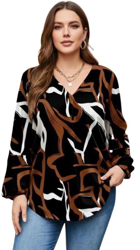 NG NIROMIKA Viscose Rayon Abstract Pattern Top for Women | A Line Tops | Summer Kurta | V-Neck Top | Short Kurti for Women| Full Sleeves |NG-025 Bl.Brown-3XL