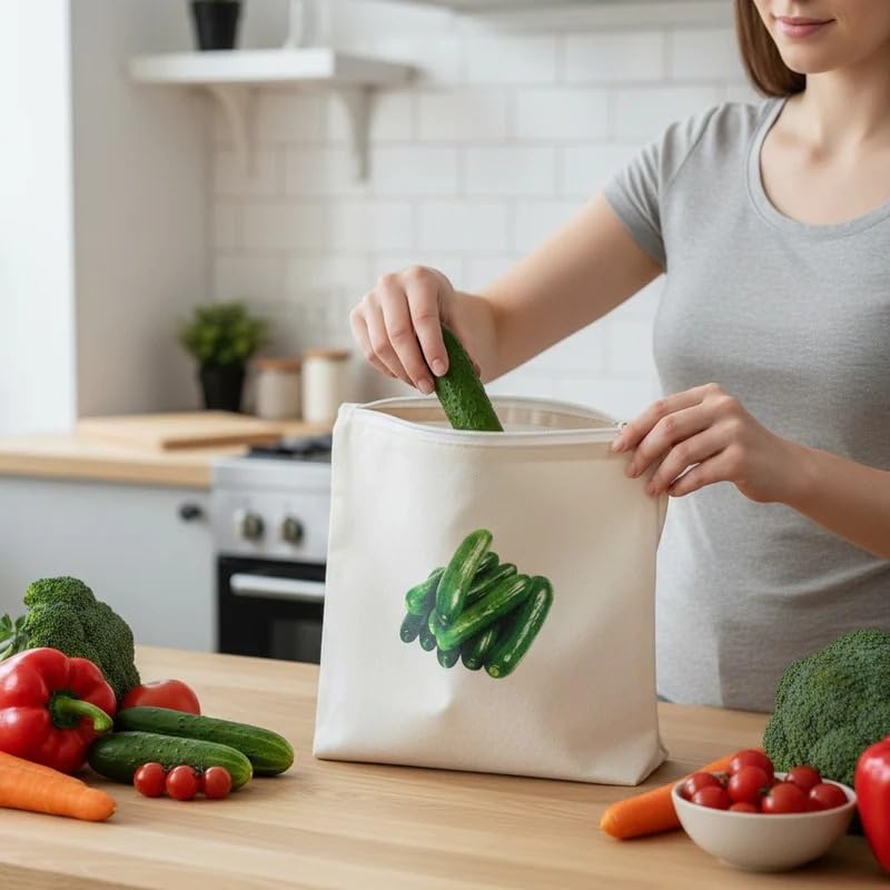 Preffers Reusable Cotton Vegetable Bag for Fridge | Washable & Breathable Ziplock bags for fridge | Plastic Free Storage Bags | 12x12 Inches | Pack of 10