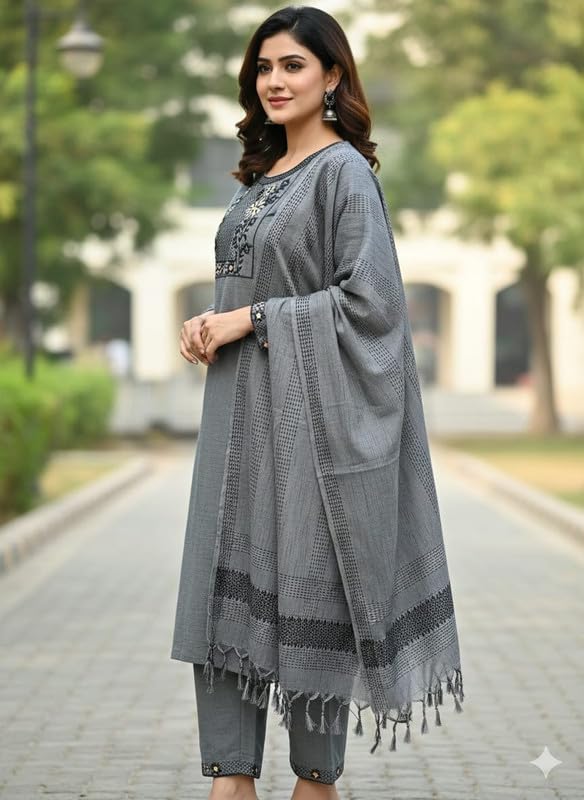 Women's South Cotton Embroidery Work Kurta with Pant & Dupatta GREY GREY_2XL