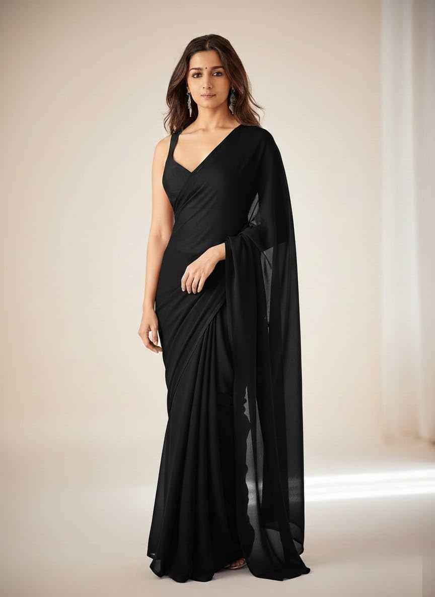 Indian Fashionista Women's Black Plain Pure Georgette Saree With Unstitched Blouse Piece (Rocky Aur Rani Ki Prem Kahani Alia Bhatt Saree)