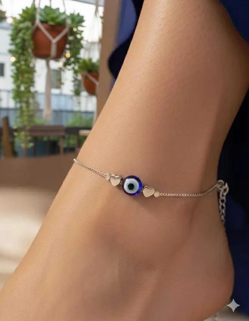 High Trendz Evil Eye Anklet for Women & Girls | Silver Plated Nazar Charm Anklet | Adjustable Minimal Foot Jewellery | Gift for Birthday, Rakhi, Valentine (Silver-2)