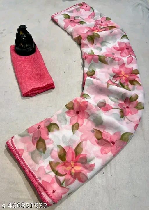 Lightweight Chiffon Saree with Lace BorderPink chiffon flower
