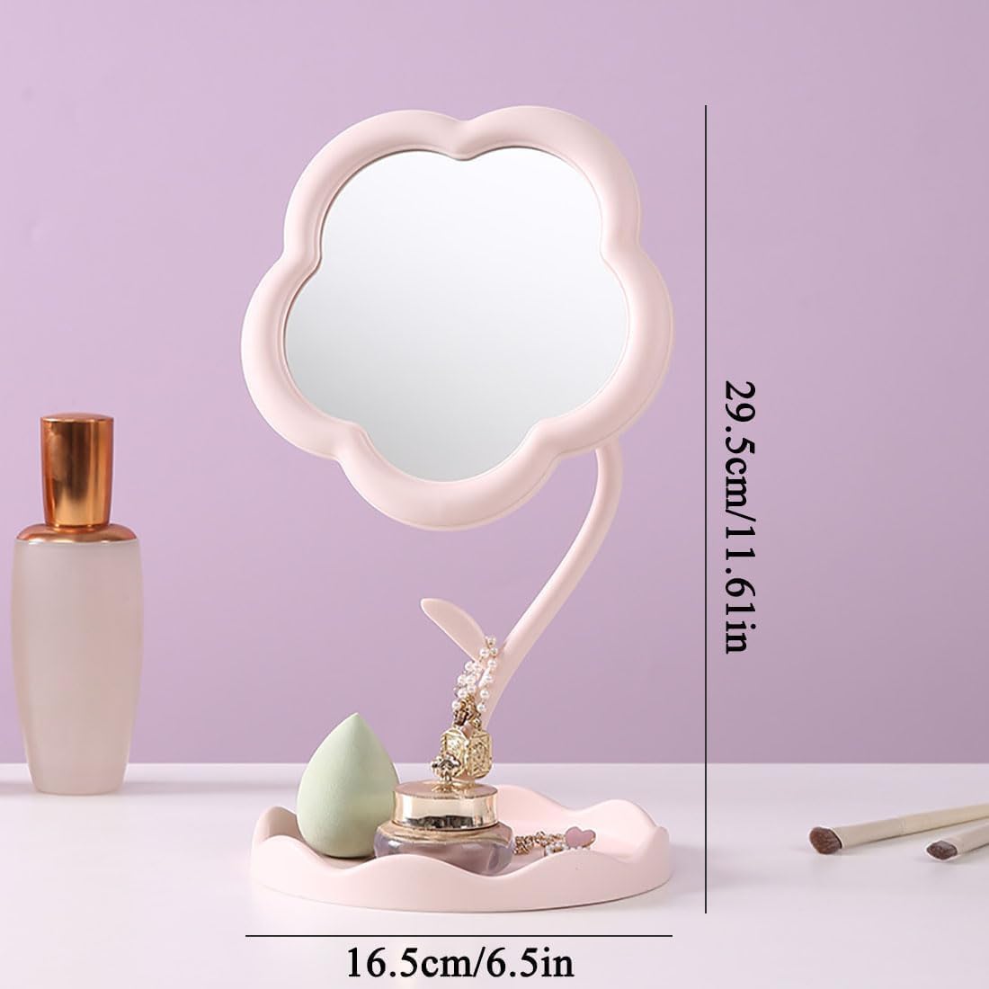 CALFHEAD Flower-Shaped Makeup Mirror, Rotatable Makeup Mirror with Tray Table Vanity Mirror Cute Flower-Shaped Mirror for Tabletop, Bedroom, Bathroom, Living Room(29L*16W)