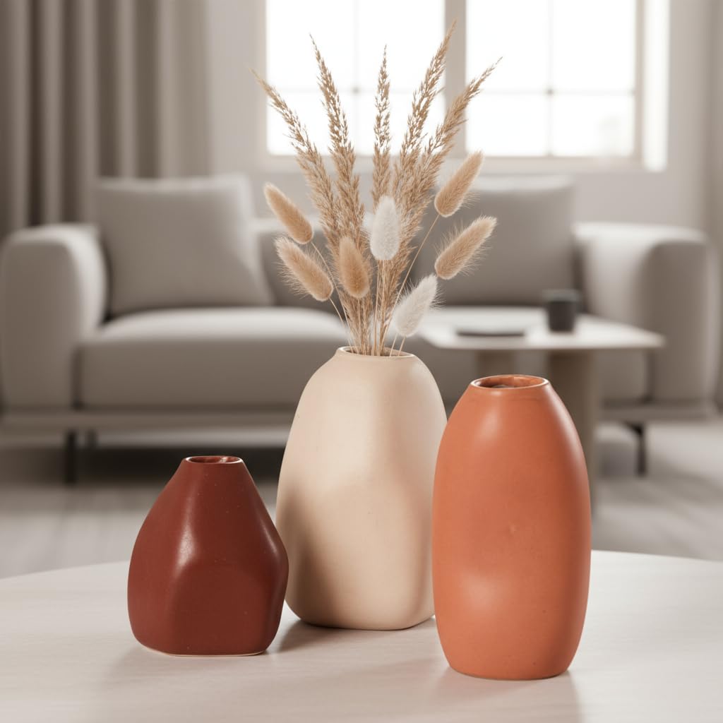 PUREZENTO Rustic Ceramic Bud Vase - Set of 3 | Centerpiece & Showpiece for Home Decor, Living Room, Bookshelf & Tabletop Styling | Decorative Vase for Pampas Grass, Dried & Artificial Flowers