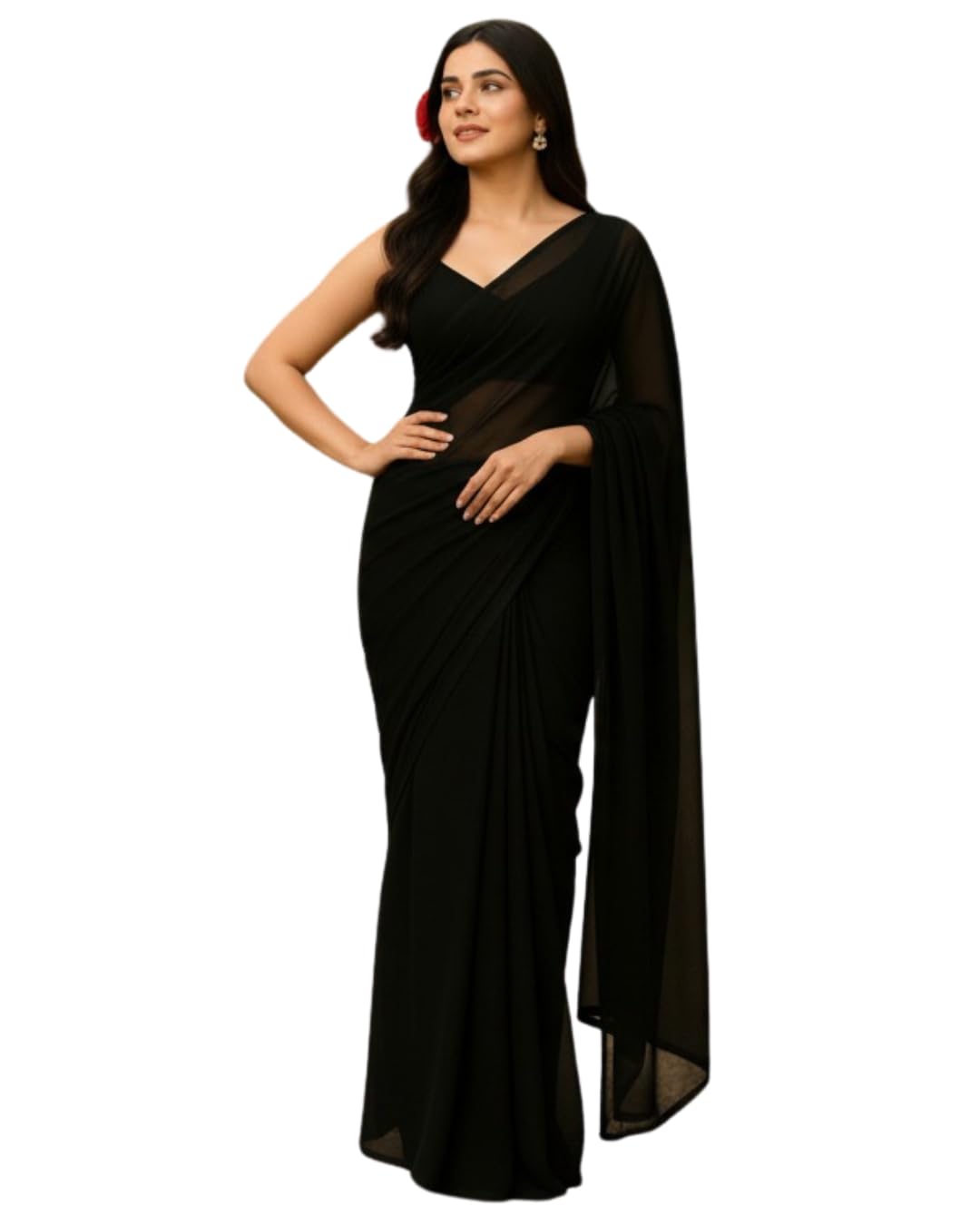SHREE SHYAM ENTERPRISE Premium Georgette Saree for Women | Plain Saree with Soft Flowing Drape | Comes with Unstitched Blouse Piece (BLACK)