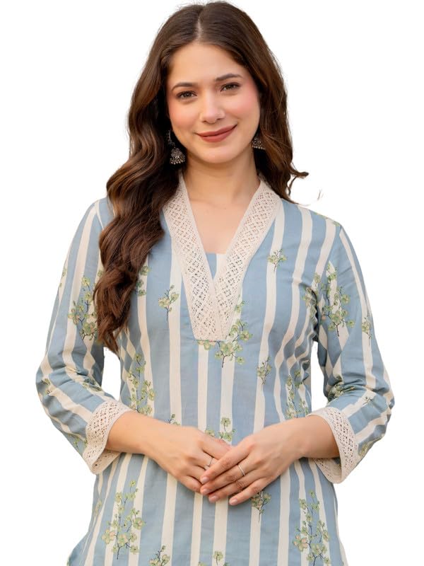 rytras Women's Pure Cotton Printed Straight Kurta Set with Palazzo Pants|Ethnic wear|Kurti Suit Set for Women(RYT734,M) Blue