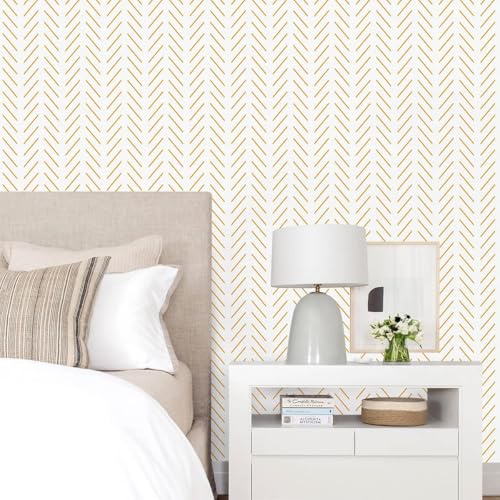 TEKCOOL Beige and White Peel and Stick Wallpaper Modern Herringbone Contact Paper Bathroom 17.7inch x 118.1inch Geometric Removable Wall Paper Peel and Stick Self Adhesive Contact Paper