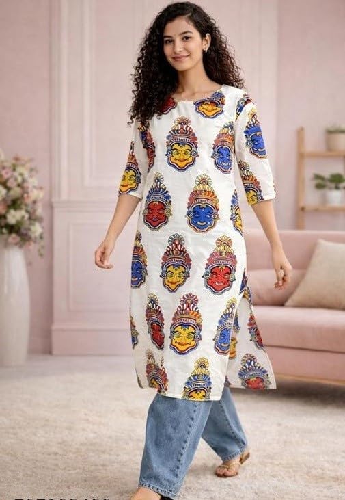 MS VHCK ENTERPRISE Women Printed, Tribal, Kalamkari, Abstract Khadi Cotton Kurti. (in, Alpha, 2XL, Slim Girls, Multicolor)