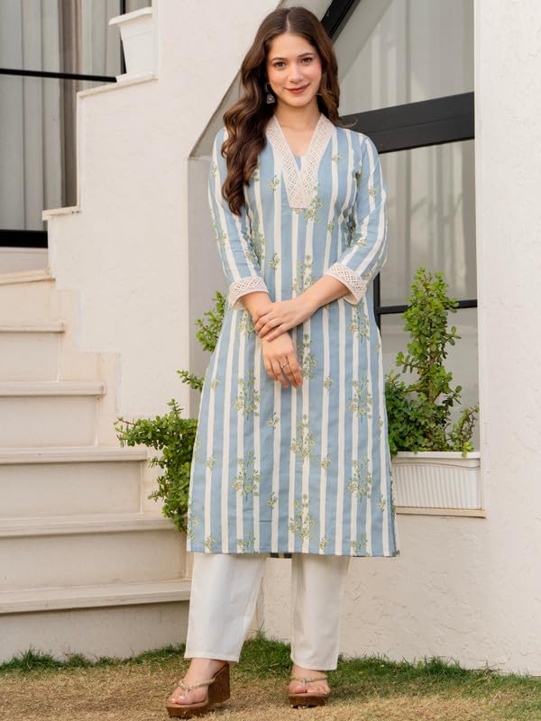 rytras Women's Pure Cotton Printed Straight Kurta Set with Palazzo Pants|Ethnic wear|Kurti Suit Set for Women(RYT734,M) Blue