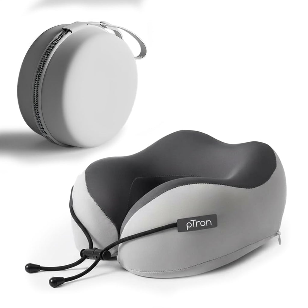 pTron Ergova S4 Travel Neck Pillow, Hi-Per Memory Foam, Lightweight Neck Support Pillow, Ideal for Flight, Car & Travel Comfort, Carry Zip Pouch (Grey)