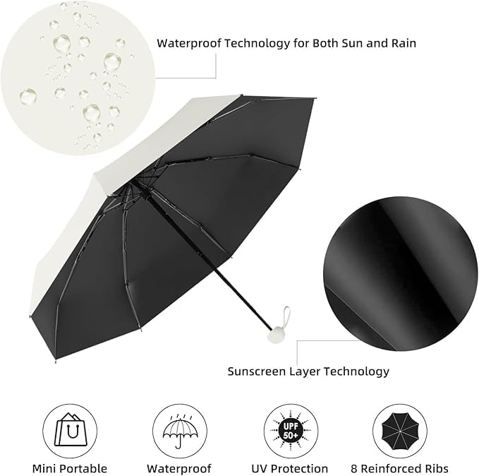 LA Zinc Capsule Compact Umbrella – Pocket Size Lightweight Small Folding Chhata, Windproof Portable Mini Umbrella for Purse, Sun & Rain UV Protection (White)