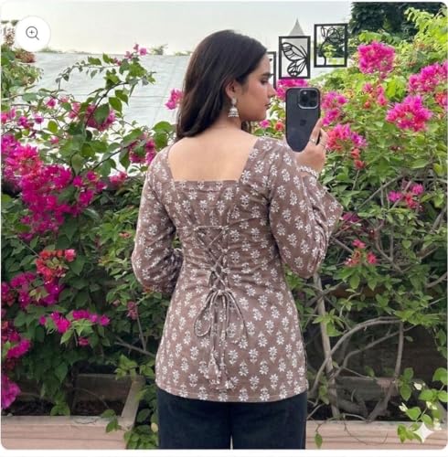 Prajapati fashion Women Rayon Printed Short Kurti | Square Neck | Long Sleeve Design | Casual & Office Wear Top | Comfortable (in, Alpha, M, Regular, Brown)