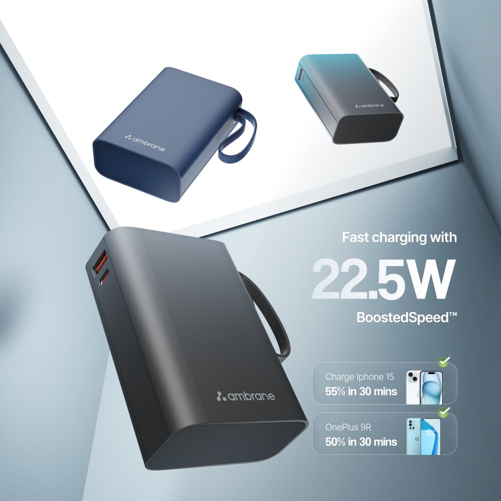Ambrane 20000mAh Small Pocket Size Powerbank, Hanging InBuilt Type C Cable, 22.5W Fast Charging, Type C PD & USB Output for iPhone, Android Mobiles & Other Devices (MiniCharge 20, Black-Blue)