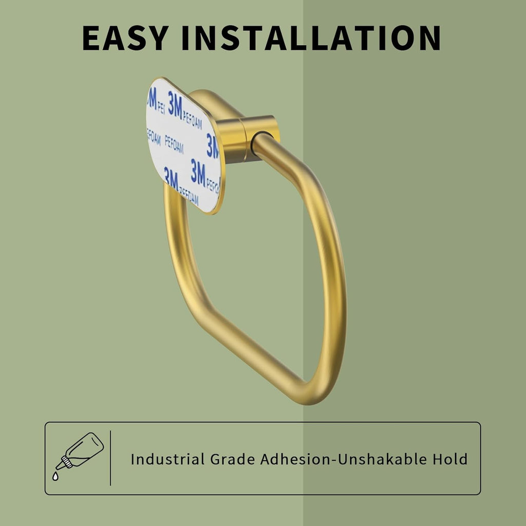 Oslen Self Adhesive Towel Holder for Bathroom Gold Finish No Drill Hand Towel Ring Stainless Steel and Zinc Alloy Self Adhesive Towel Hanger for Bath, Kitchen