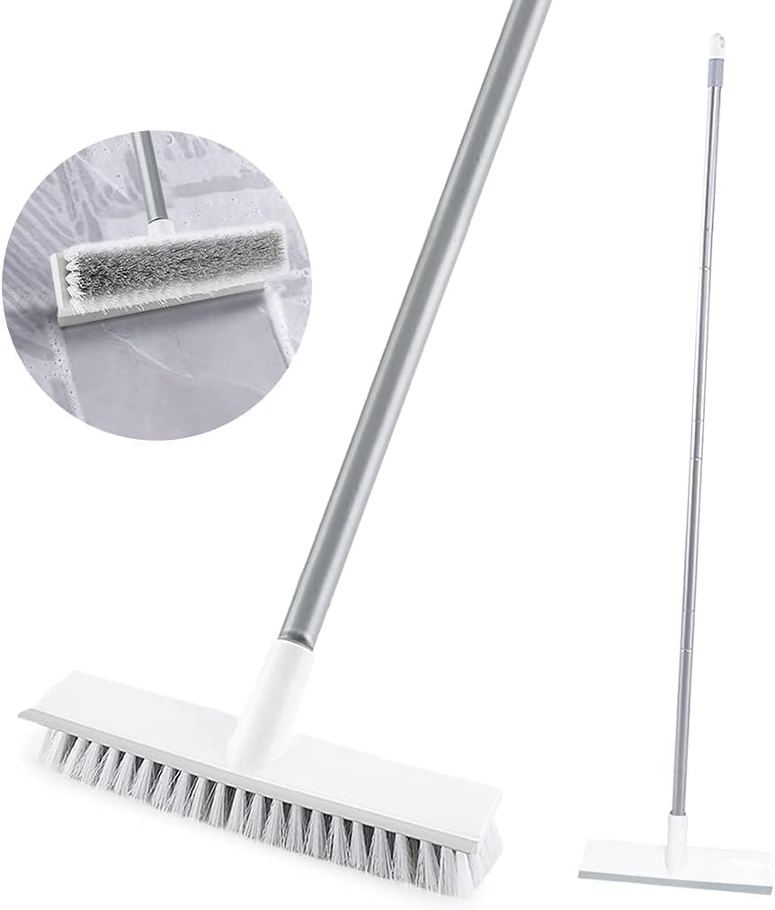 Miltion Multifunctional 2 in 1 Bathroom Cleaning Brush with Wiper, Long Handle Floor and Tiles Scrub Brush, 120° Rotating Head, White