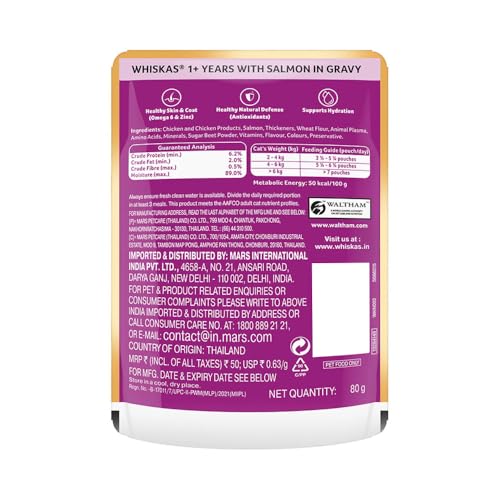 Whiskas Adult (1+ Years) Wet Cat Food, Salmon in Gravy, 80 g (Pack of 14), Hydrating Food Made With Real Fish, 100% Complete & Balanced Nutrition for Adult Cats