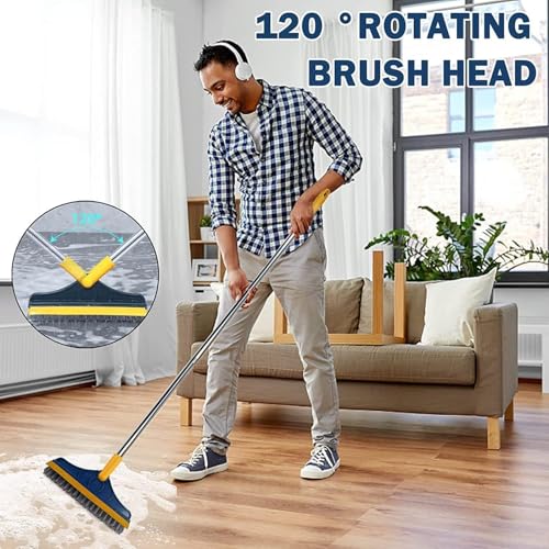 TEKCOOL 2-in-1 Bathroom Cleaning Brush with Wiper and Long Handle - 120° Rotating Floor Scrub Brush for Tiles, Kitchen, and Home Cleaning Accessories,