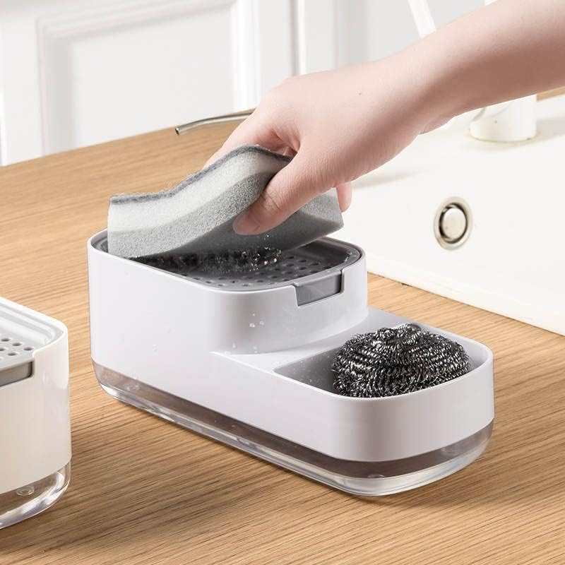 Xmart India 3-in-1 Kitchen Soap Dispenser with Sponge Holder & Hollow Tray Scratch Wire Dish Cloth for Sink & Wash Basin Durable Rustproof Plastic Dish Soap Dispenser Kitchen Accessories for Home