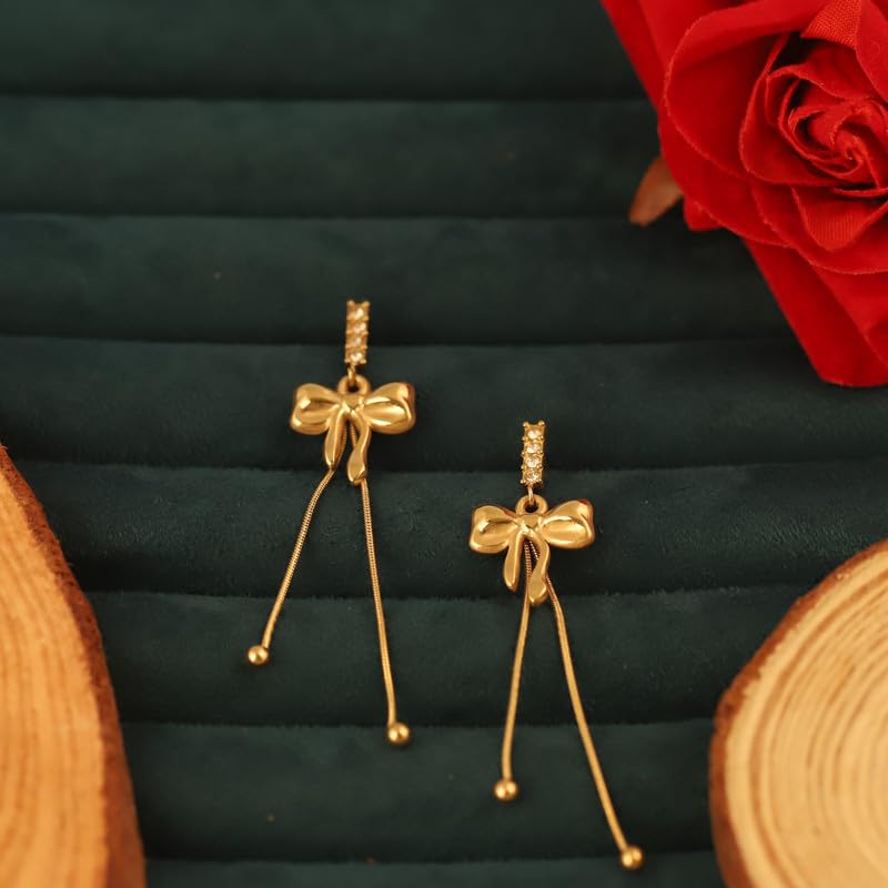 CALISTA Grace Bow Luxe Dangle Earrings for Women | Gold-Plated Bow Design Long Drop Earrings | Lightweight Anti-Tarnish Fashion Jewellery | Party, Festive & Gifting Wear