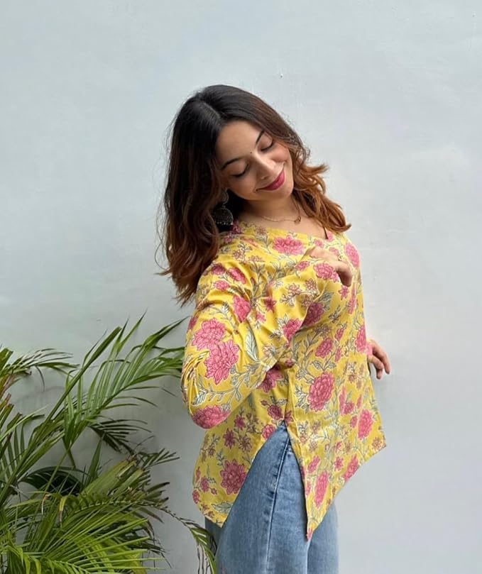 Women's Rayon Floral Printed Short Kurti V Neck Full Sleeves (in, Alpha, XS, Yellow)