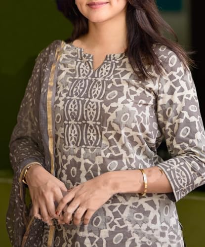KLOSIA Women's Printed Straight Kurta and Pant with Dupatta Set (in, Alpha, XL, Grey)