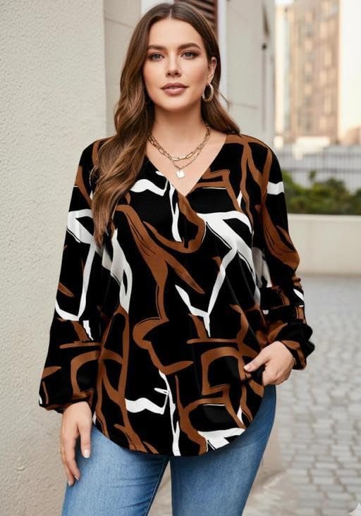 NG NIROMIKA Viscose Rayon Abstract Pattern Top for Women | A Line Tops | Summer Kurta | V-Neck Top | Short Kurti for Women| Full Sleeves |NG-025 Bl.Brown-3XL