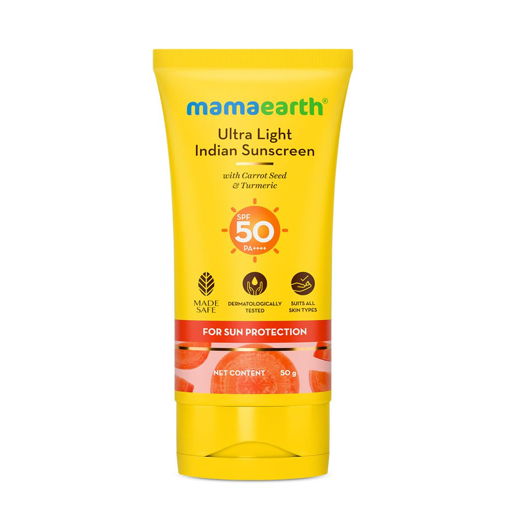 Mamaearth Ultra Light Indian Sunscreen with Carrot Seed & Turmeric | SPF 50 PA ++++ | UVA & UVB Protection | Tan Protection | No White Cast | Non-Greasy & Quick Absorbing | Super Lightweight | Suits All Skin Types | In-Vivo Tested | 50 g