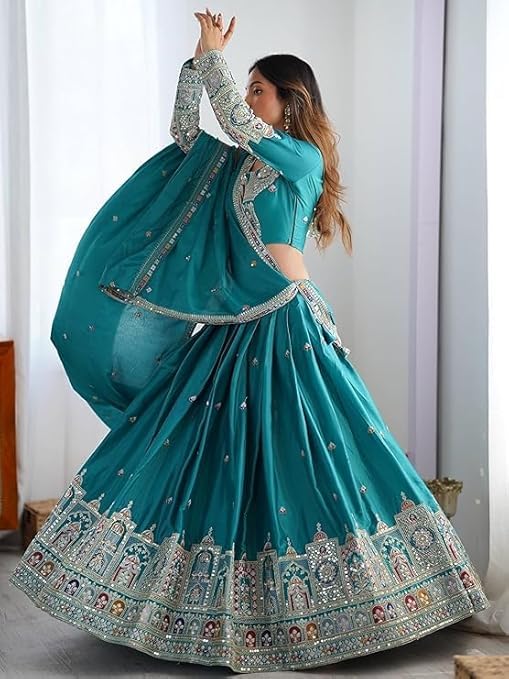 Shri Radhe Creation Women’s Semi Stitched Lehenga Choli Set With Unstitched Blouse And Designer Dupatta For Wedding, Party, Festival, Family Function Or Special Occasion (RAMA BLUE)