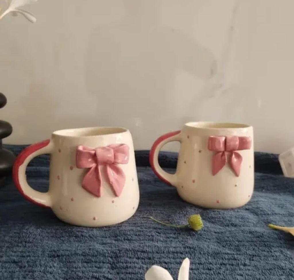 THE INDIAN HOME Cute Pink Bow Ceramic Mug for Coffee Tea Milk | 3D Bow Design Gift Mug for Girls Women Kids | Premium Glazed Polka Dot Finish (1)